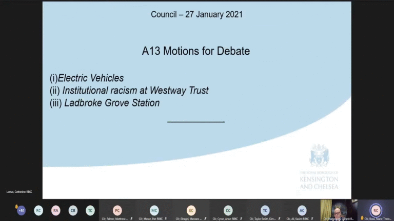 Presentation screen listing RBKC Motions Agenda