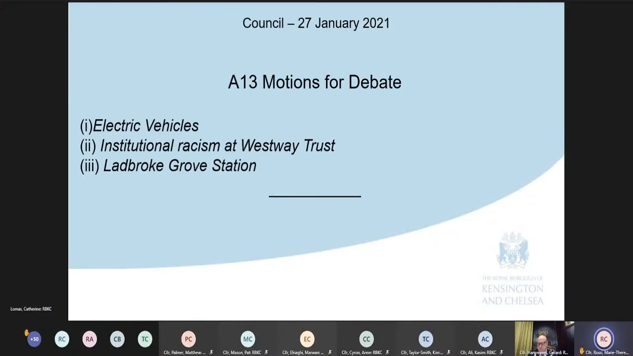 Presentation screen listing RBKC Motions Agenda