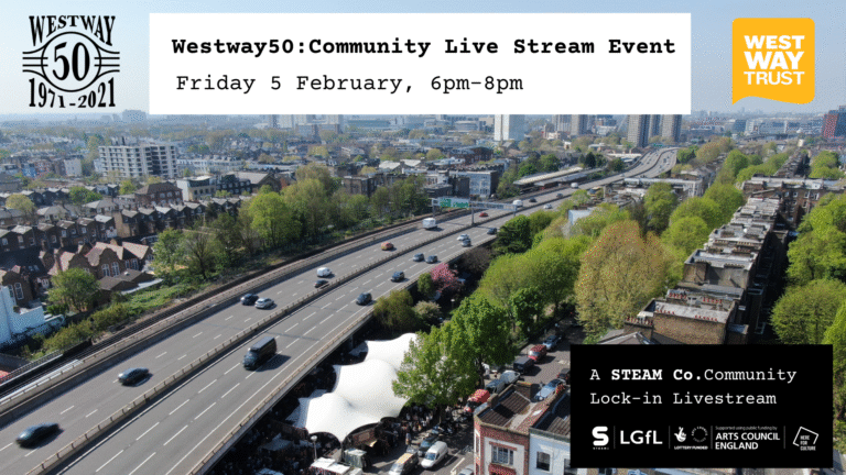 Aerial photo of Westway Flyover showing traffic and Portobello tent to the right.