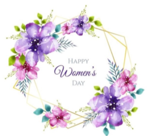 Circle of flowers with Happy Women's Day in the centre