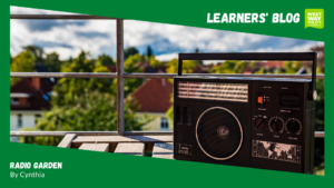 Radio on a table outside with a green Learners' Blog boarder