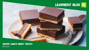 Chocolate and biscuit square desserts with green learners' blog boarder